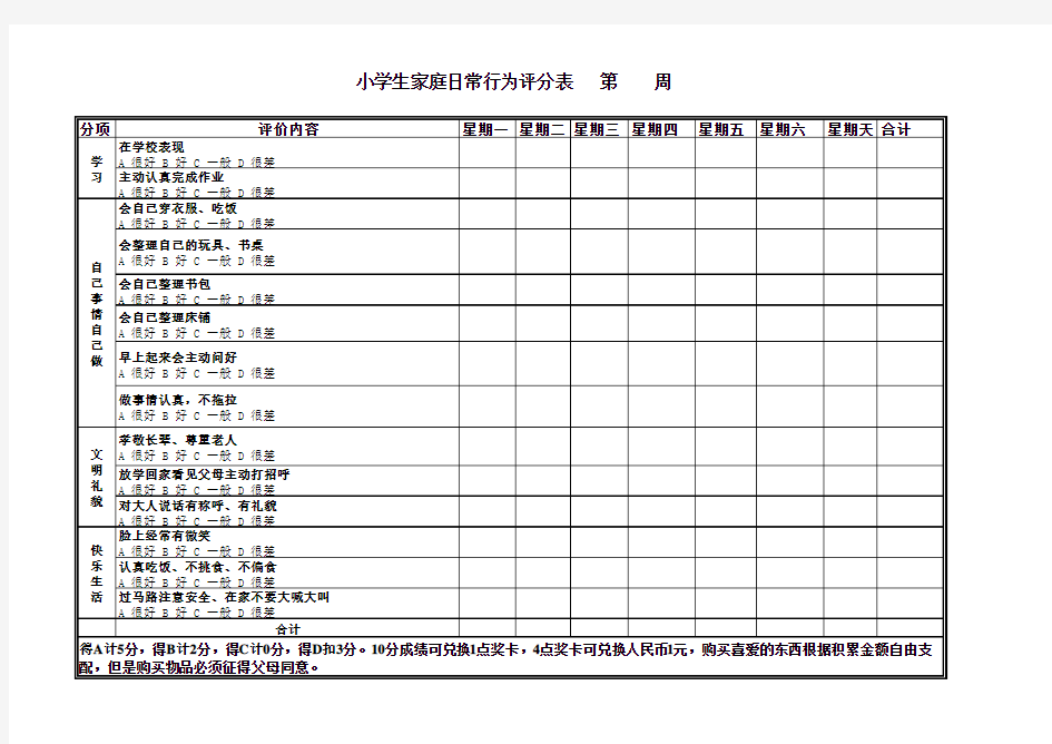 小学生家庭日常行为评分表