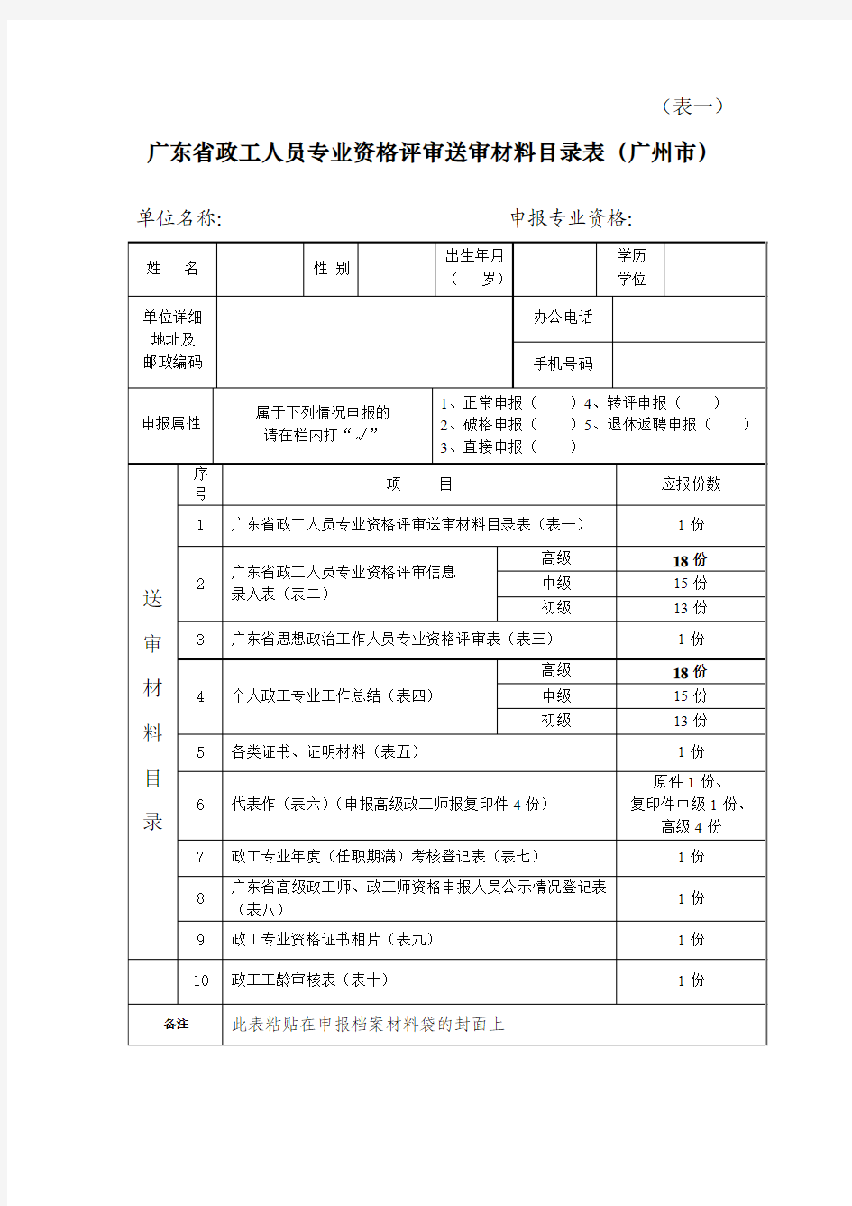 《广东省政工人员专业资格评审送审材料目录表》10份(表一至表十)