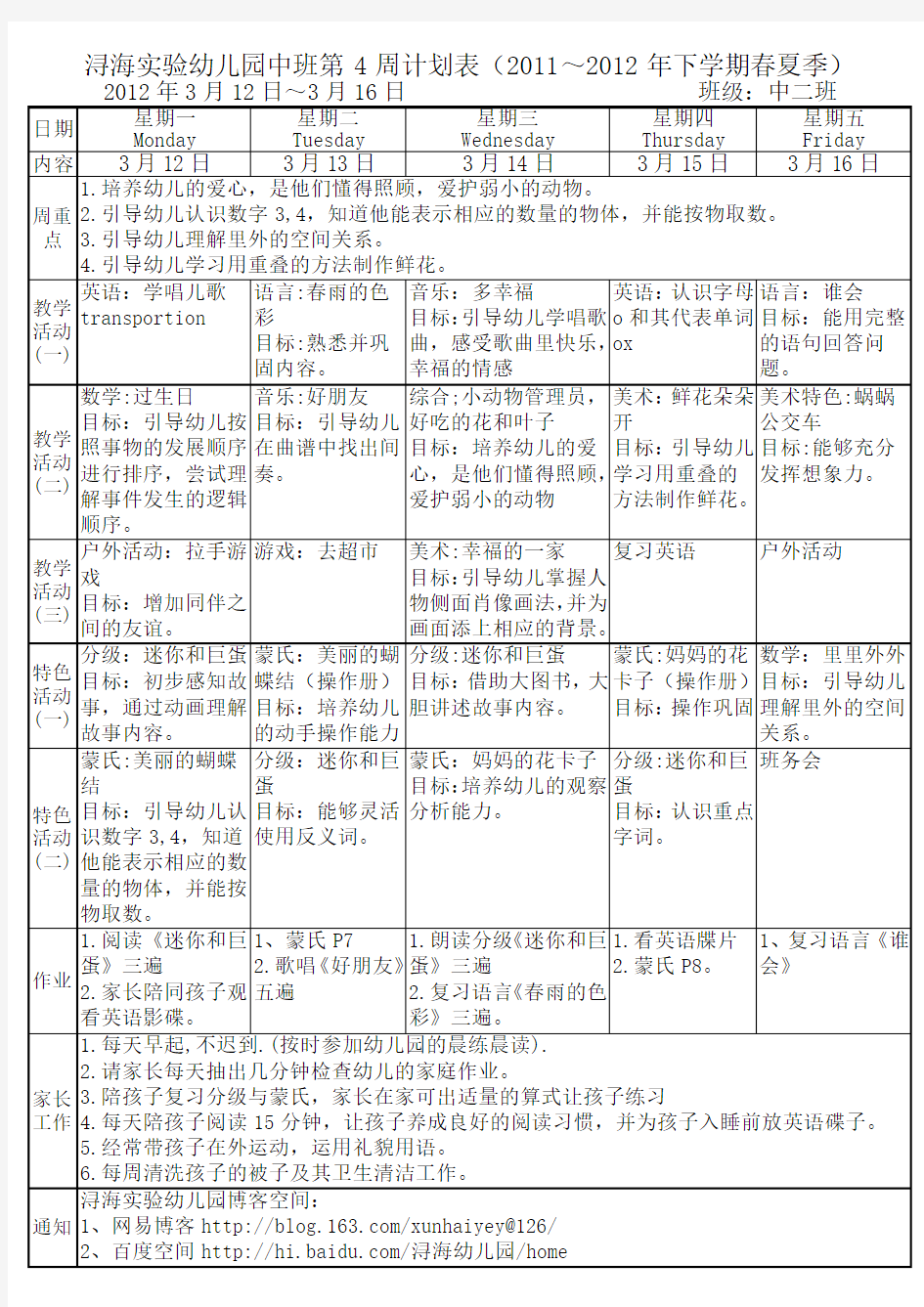 浔海实验幼儿园中二班第4周计划表(2011～2012年下学期春夏季)2012年3月12日～3月16日