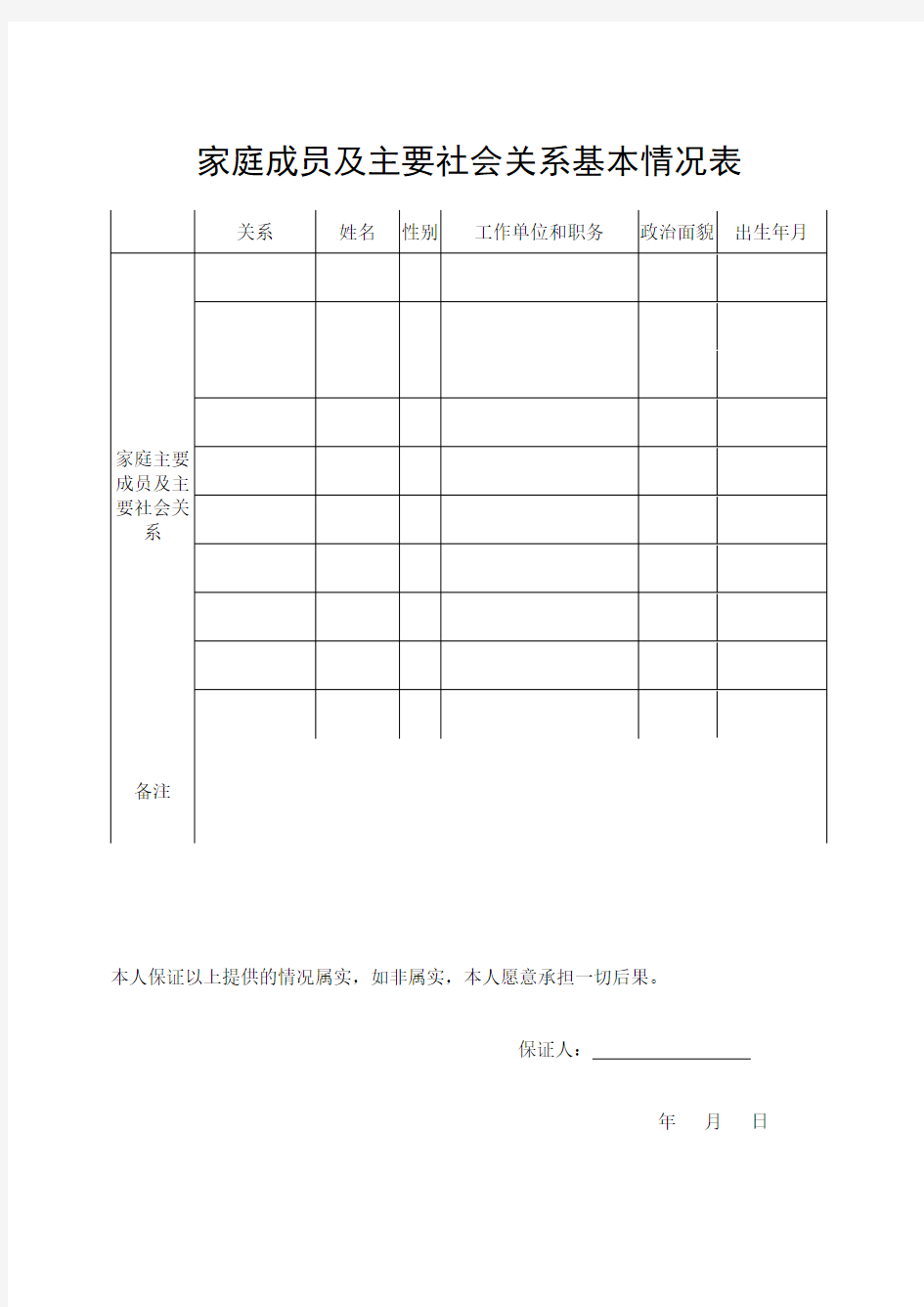 家庭成员及主要社会关系基本情况表