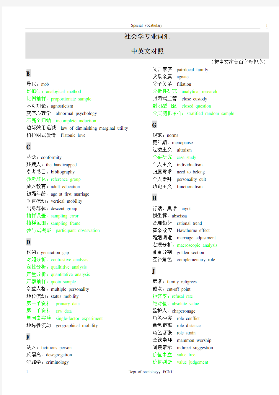 社会学专业词汇中英文对照