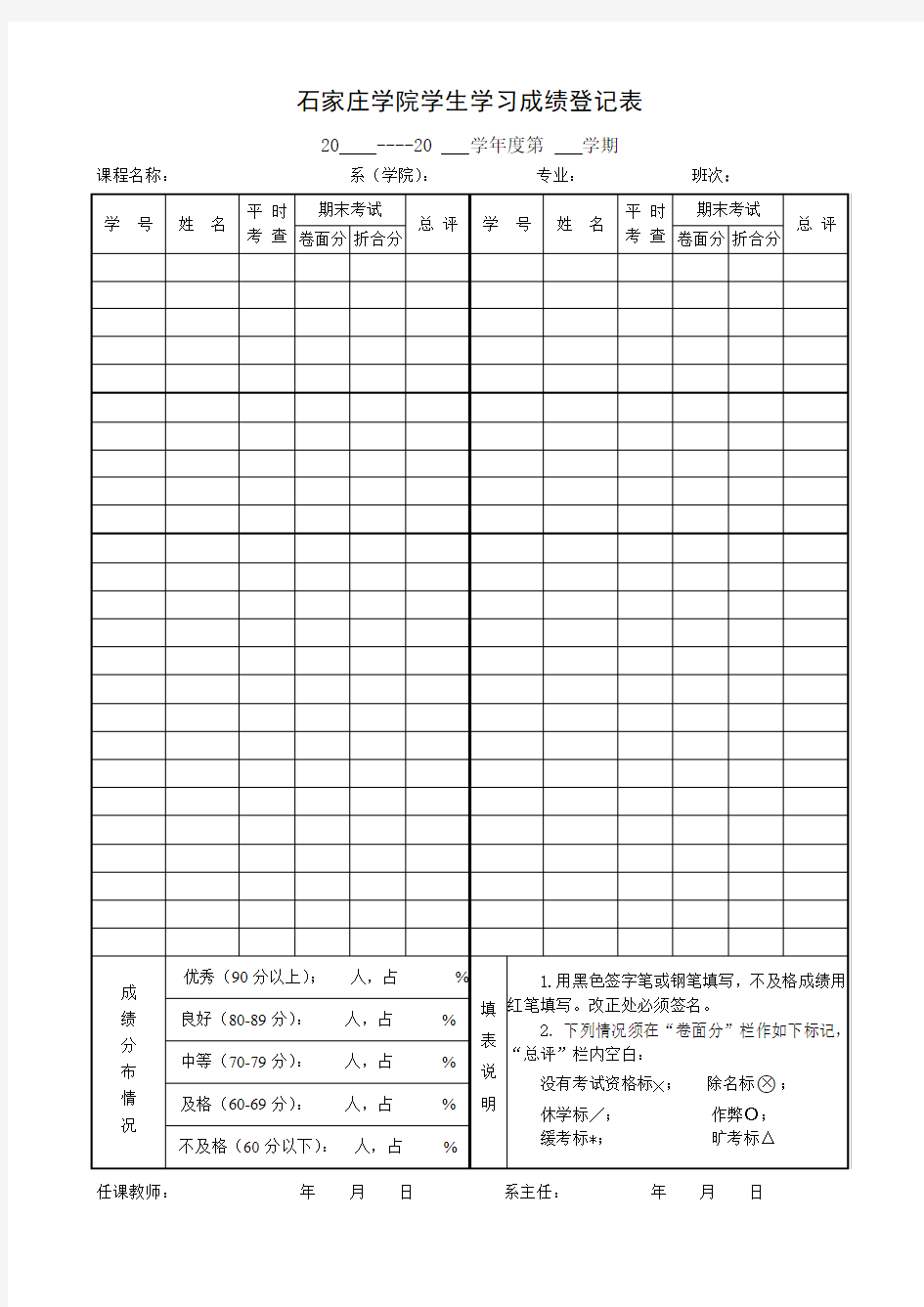 学生学习成绩登记表