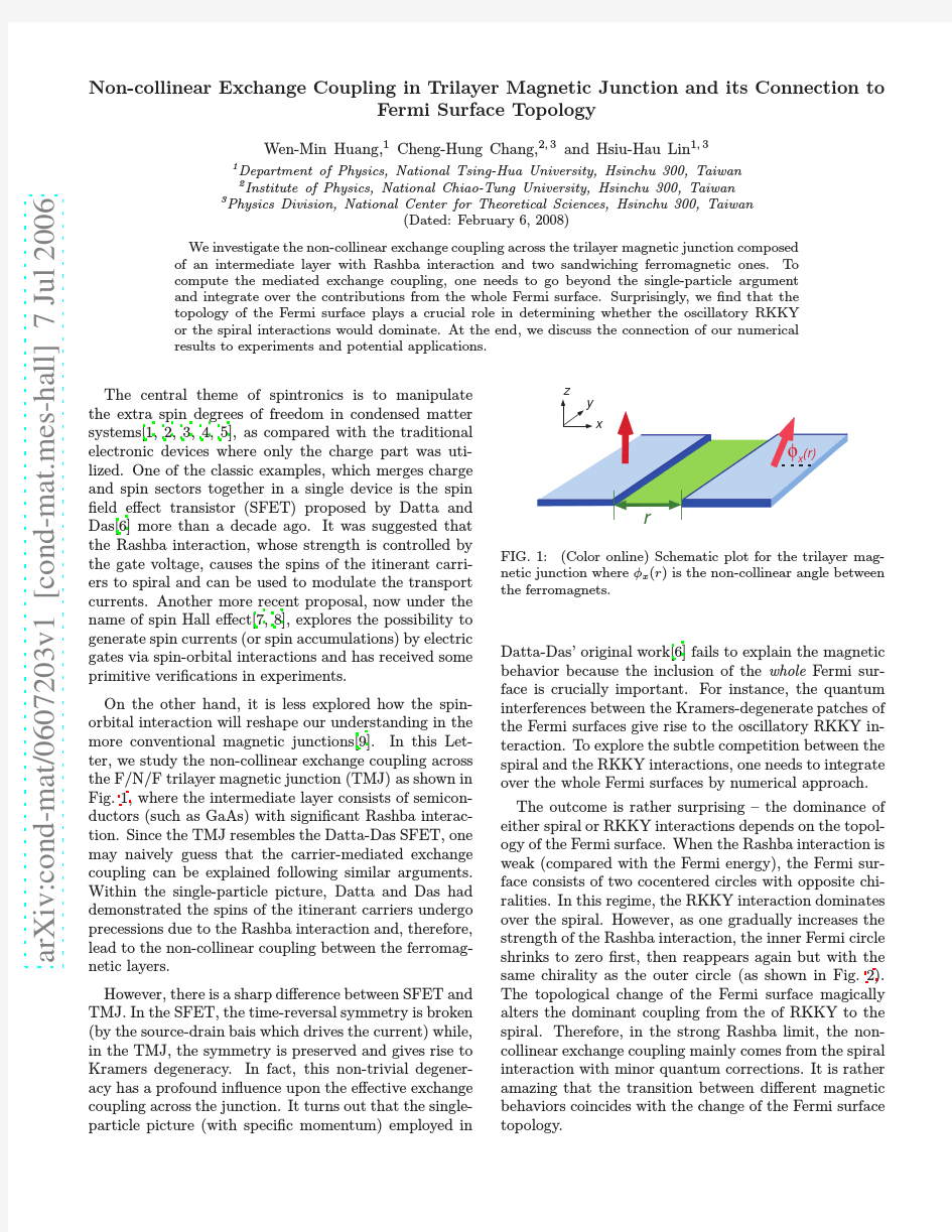 Non-collinear Exchange Coupling in Trilayer Magnetic Junction and its Connection to Fermi S