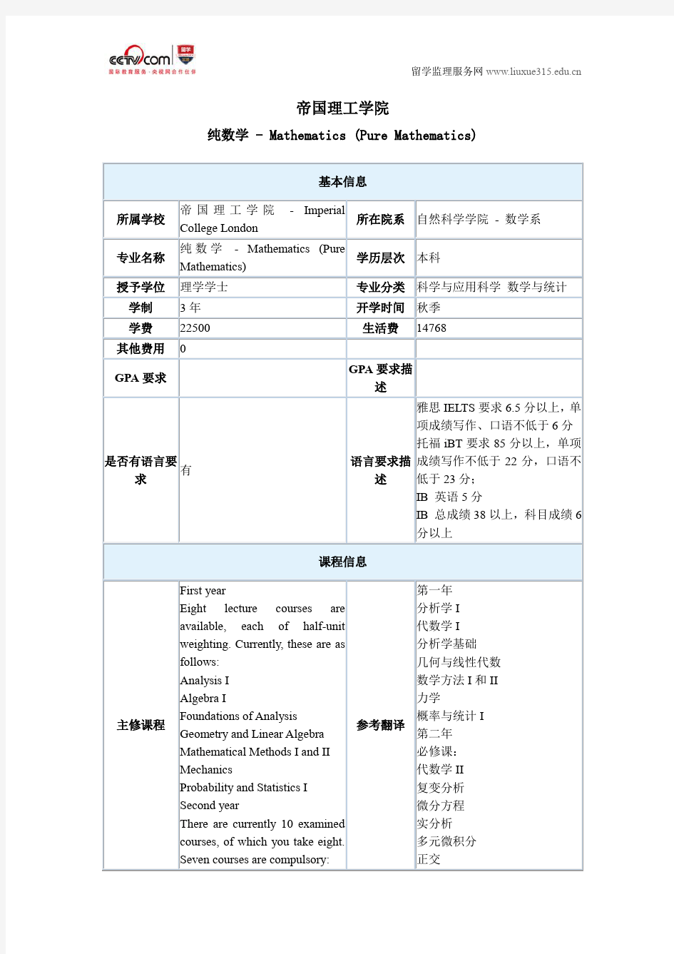 帝国理工学院纯数学专业本科