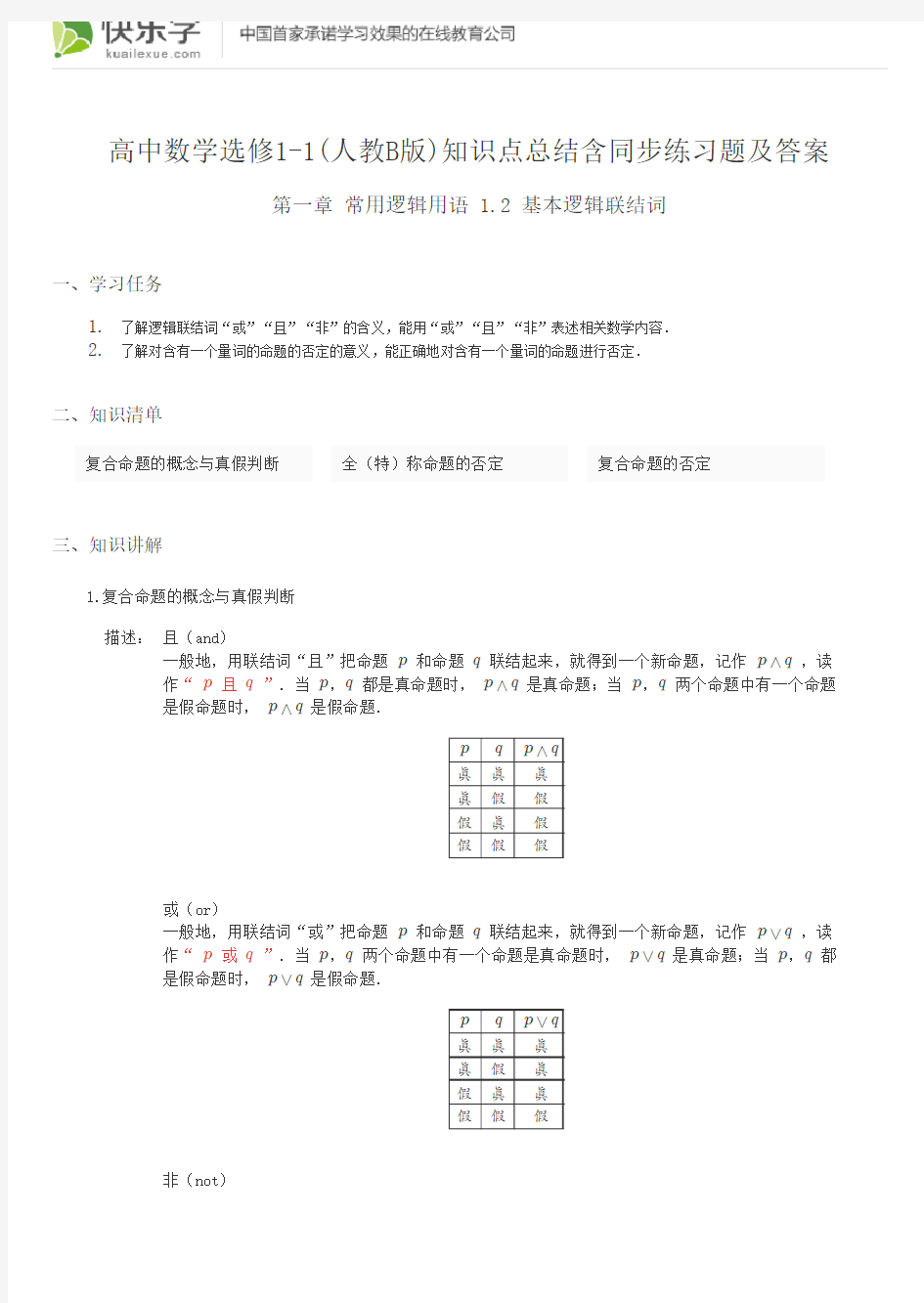 高中数学选修1-1(人教B版)第一章常用逻辑用语1.2知识点总结含同步练习题及答案