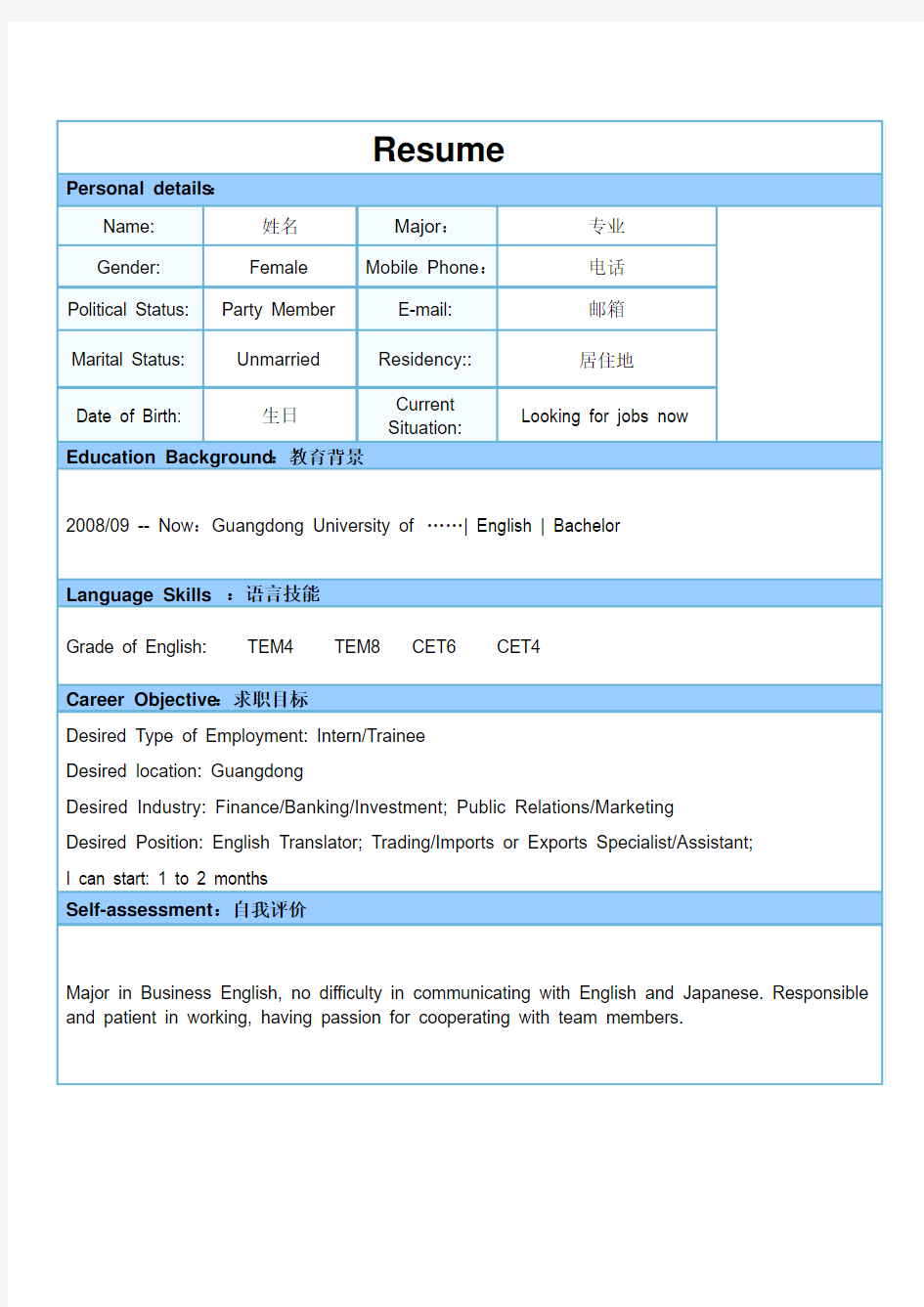 英文简历模板Resume