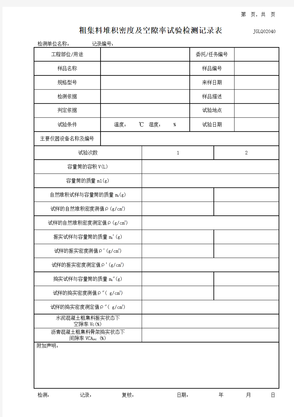 粗集料堆积密度及空隙率试验检测记录表