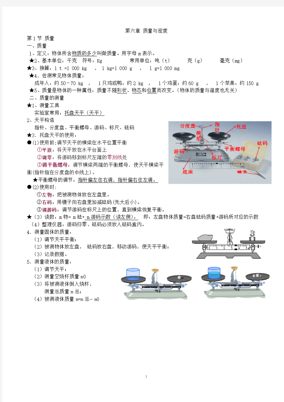 新人教版八 上第六章 质量与密度 知识点归纳