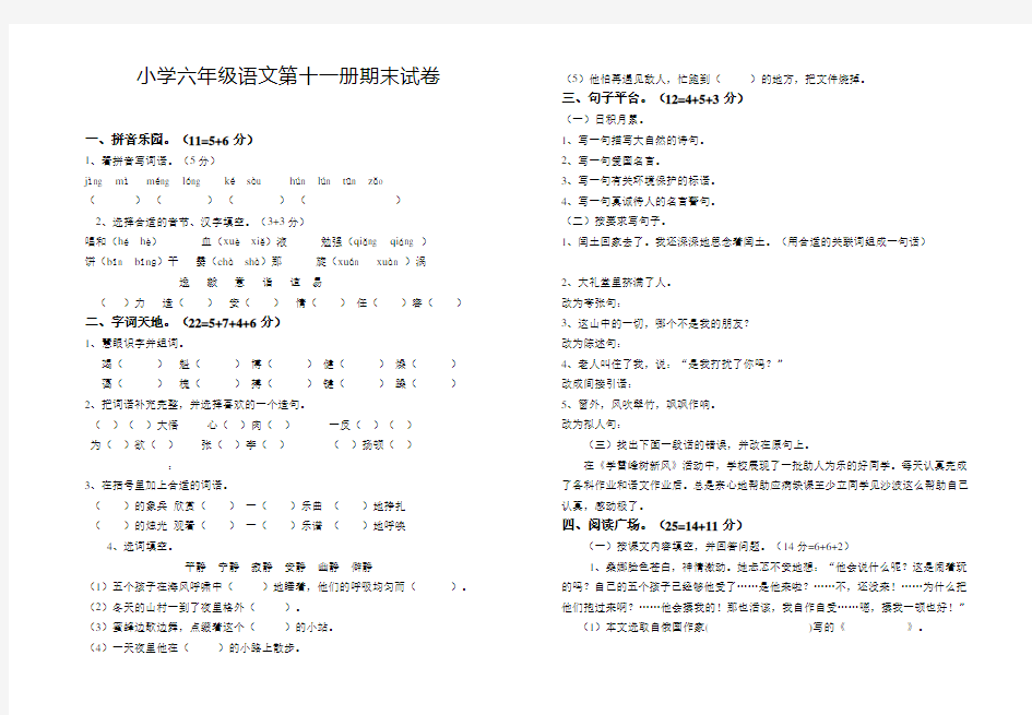 小学六年级语文第十一册期末试卷