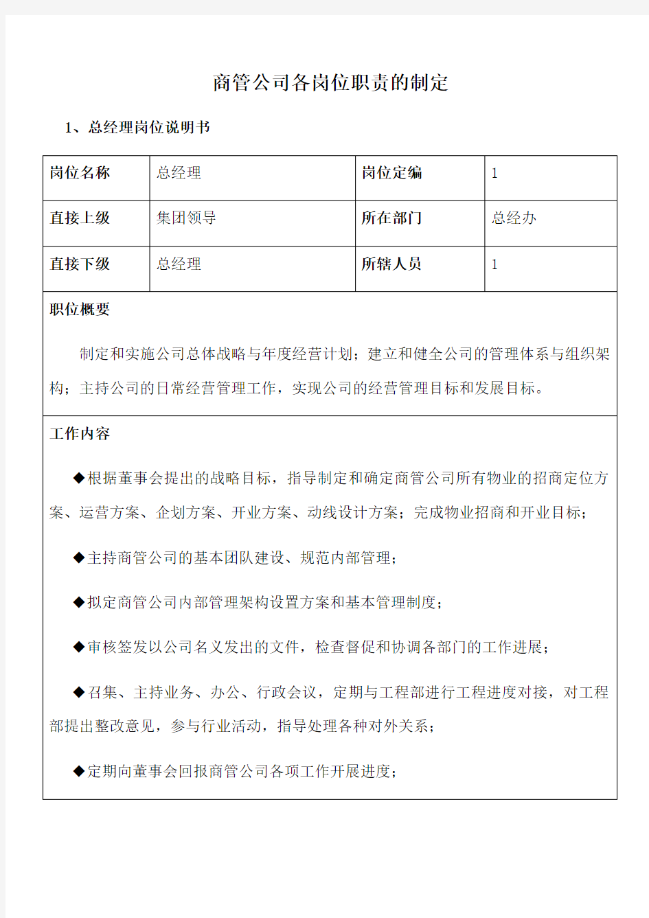 商管公司各岗位职责的制定