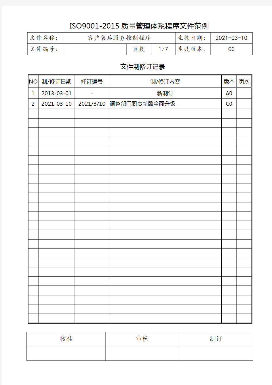 ISO9001客户售后服务控制程序