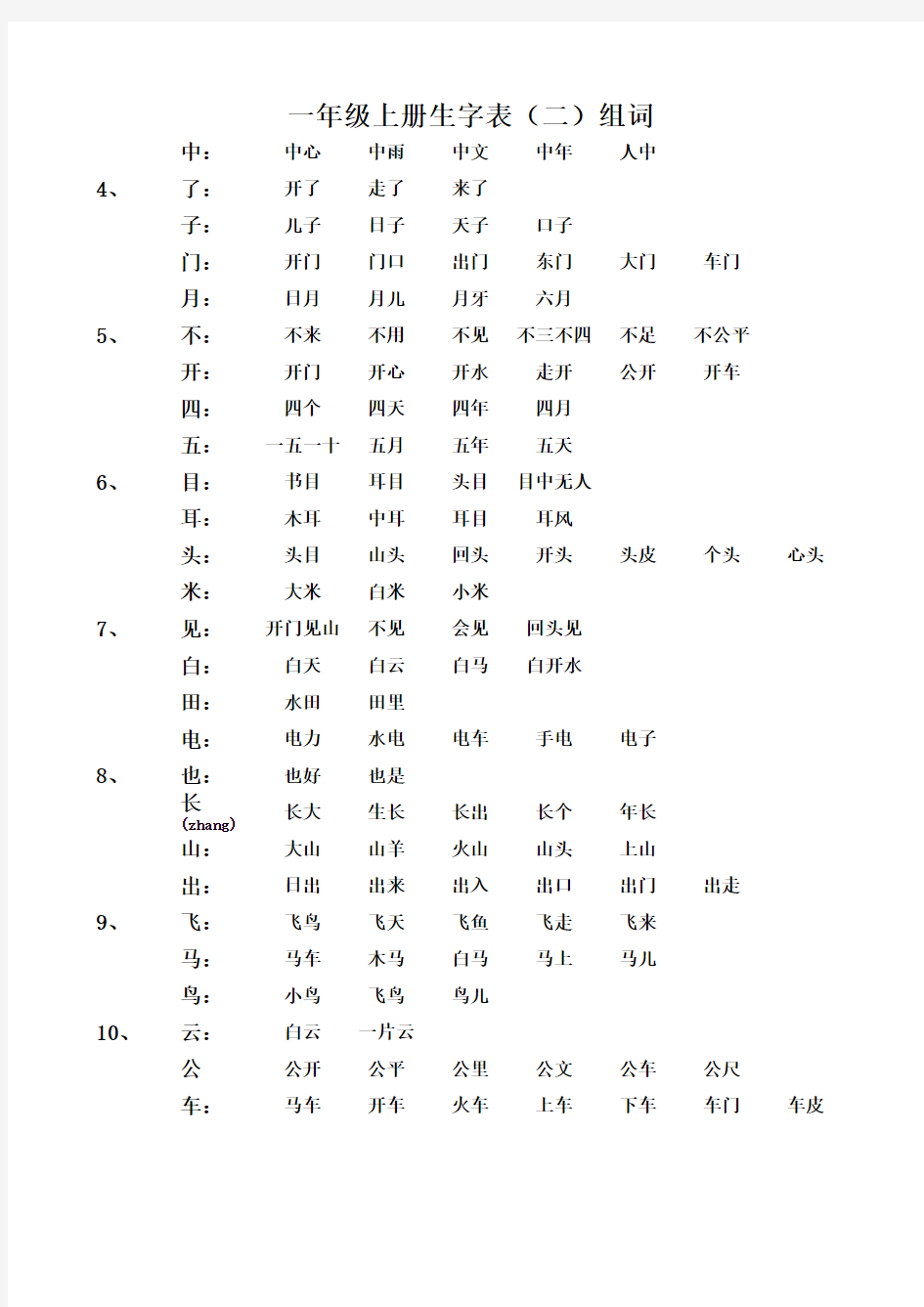 一年级语文上册生字表组词