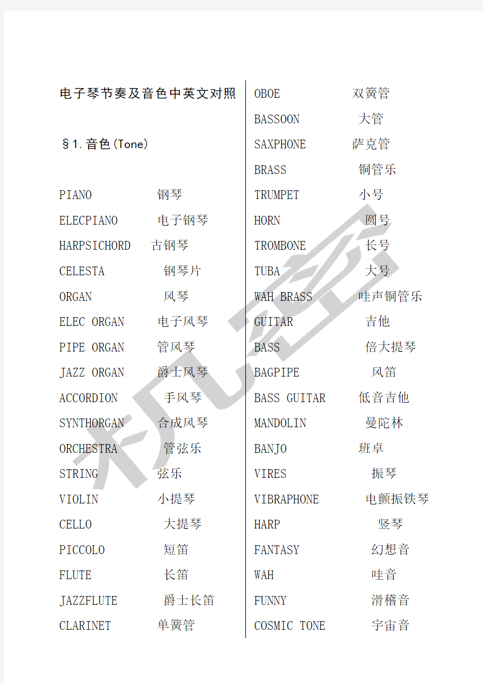 卡西欧电子琴节奏及音色中英文对照