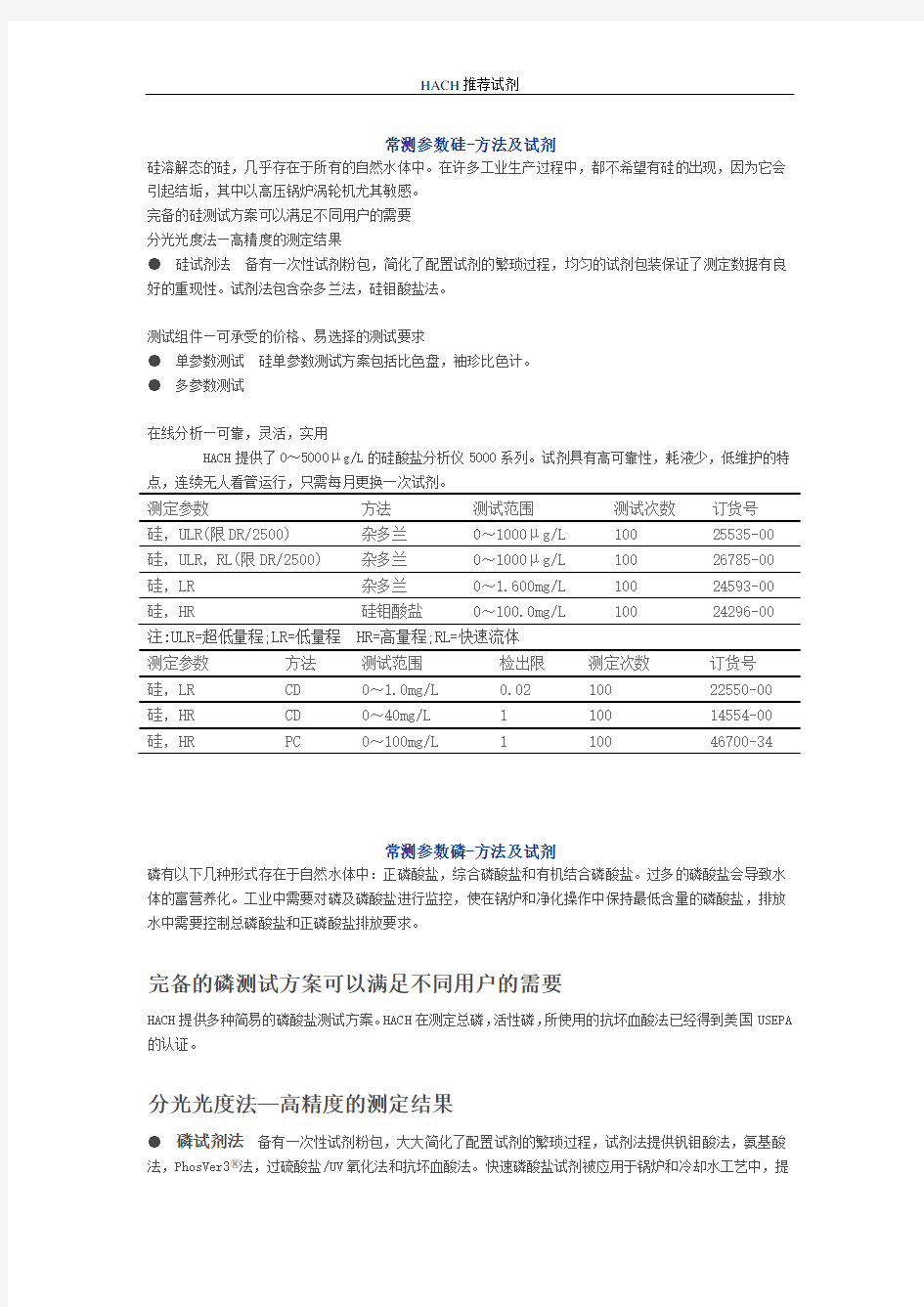 HACH推荐硅表、磷表试剂