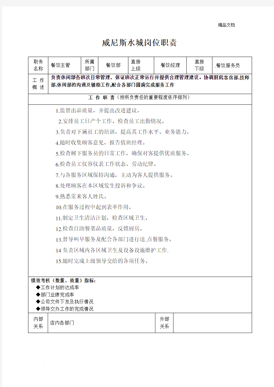 餐饮主管岗位职责