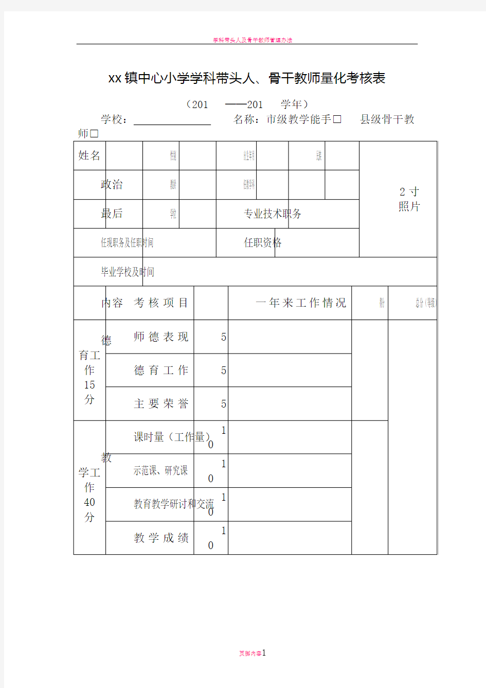 学科带头人和骨干教师量化考核表