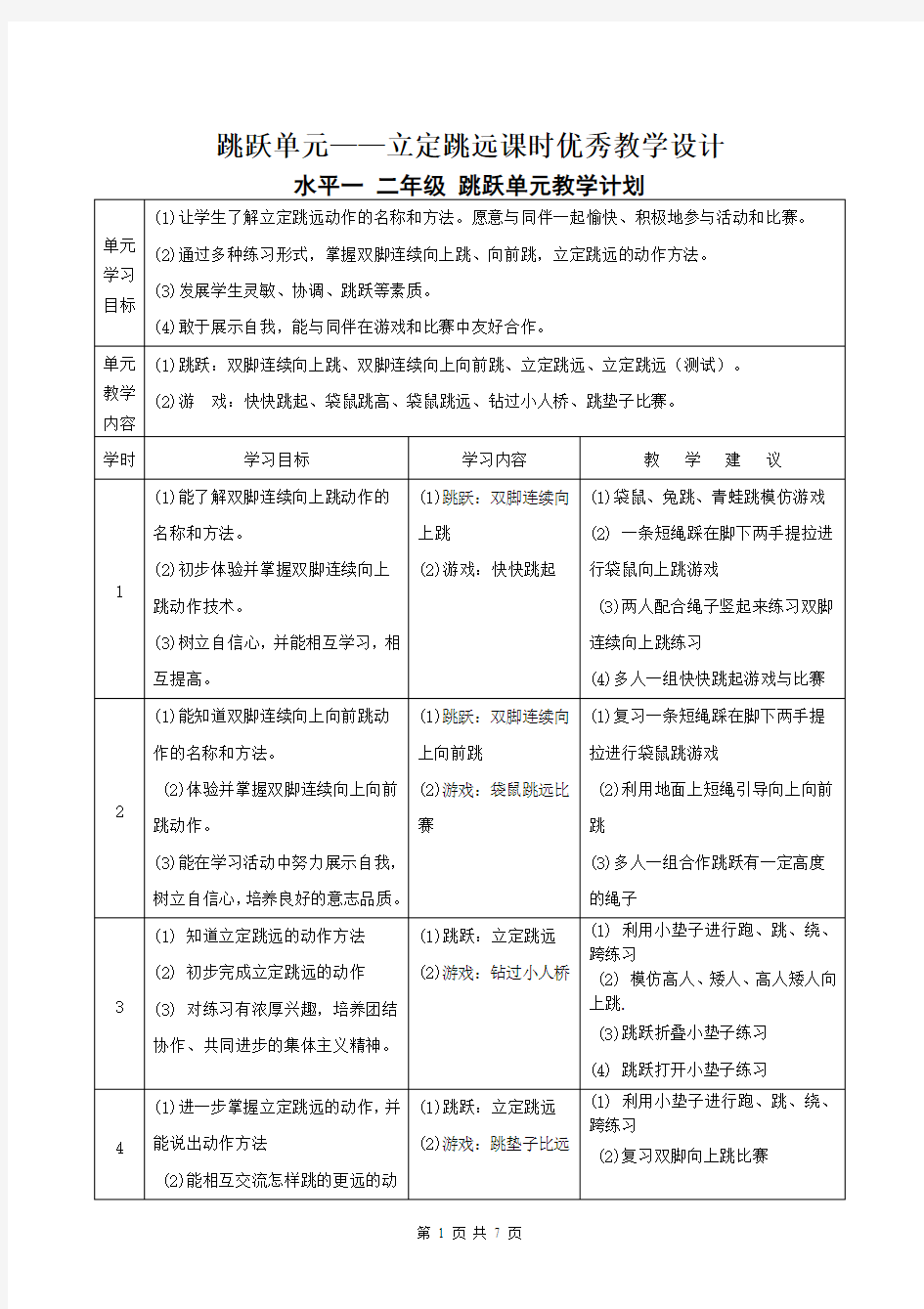 跳跃单元——立定跳远课时优秀教学设计