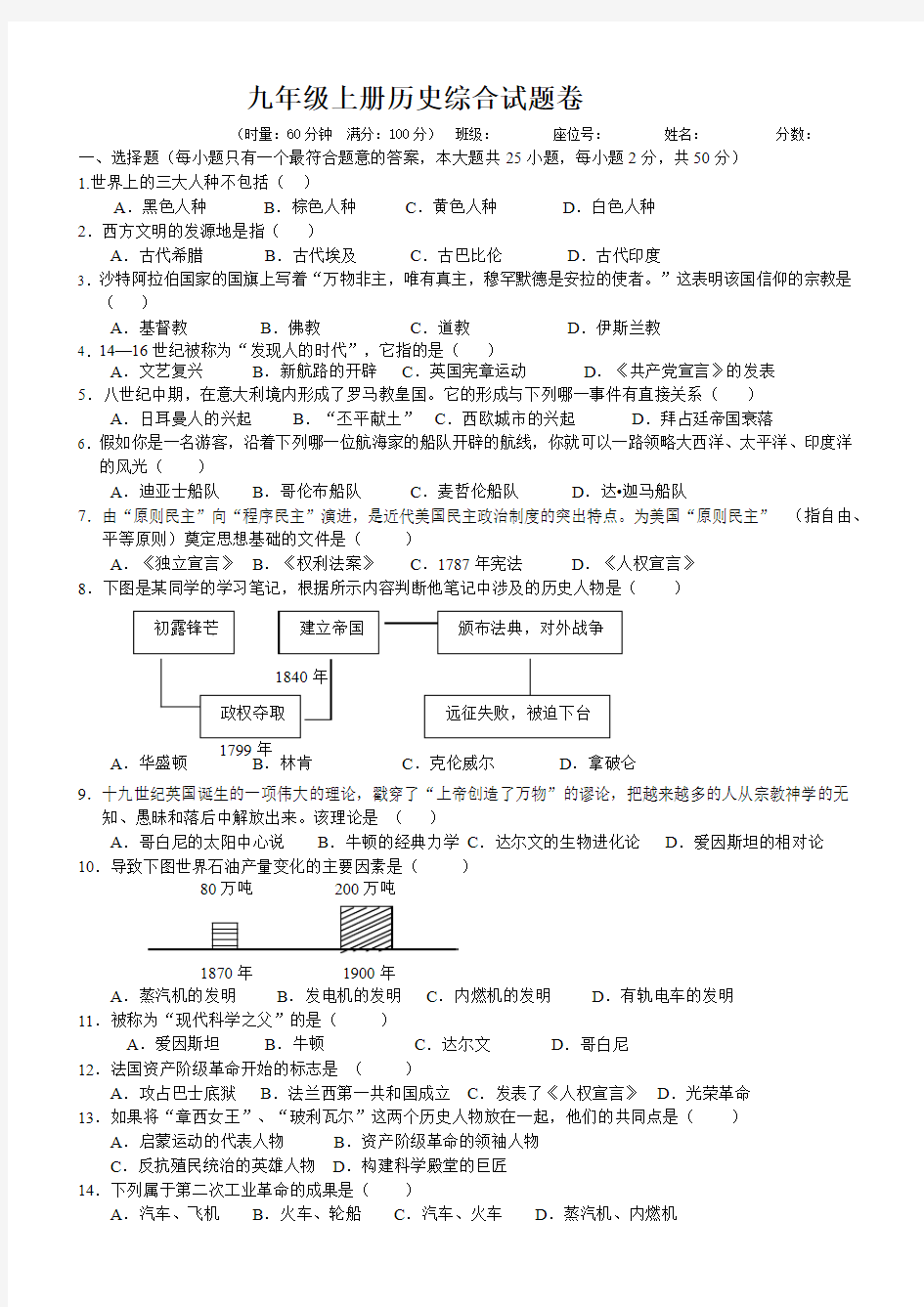 九年级上册历史综合试题卷