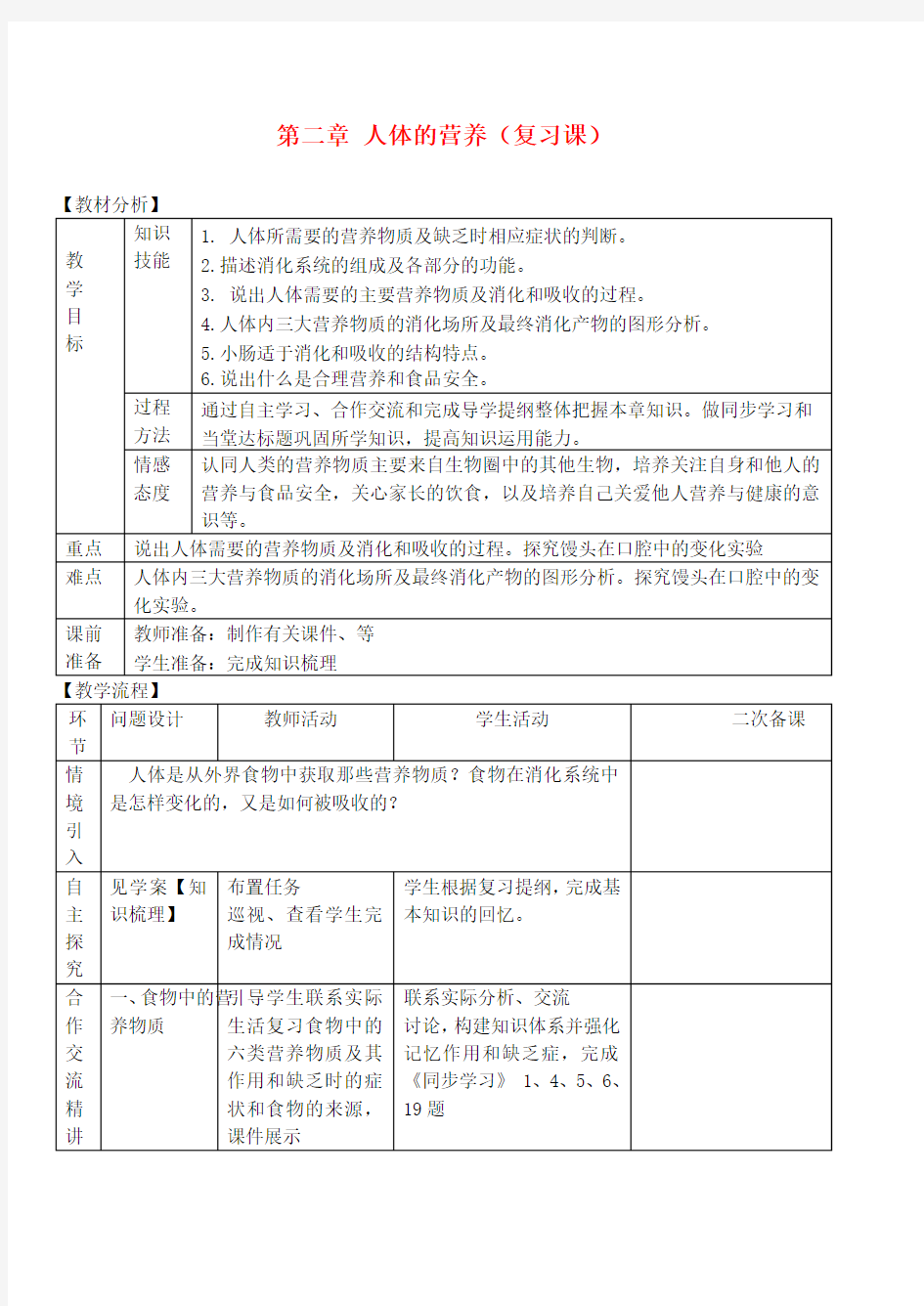 七年级生物下册 第二章 人体的营养复习教案 新人教版