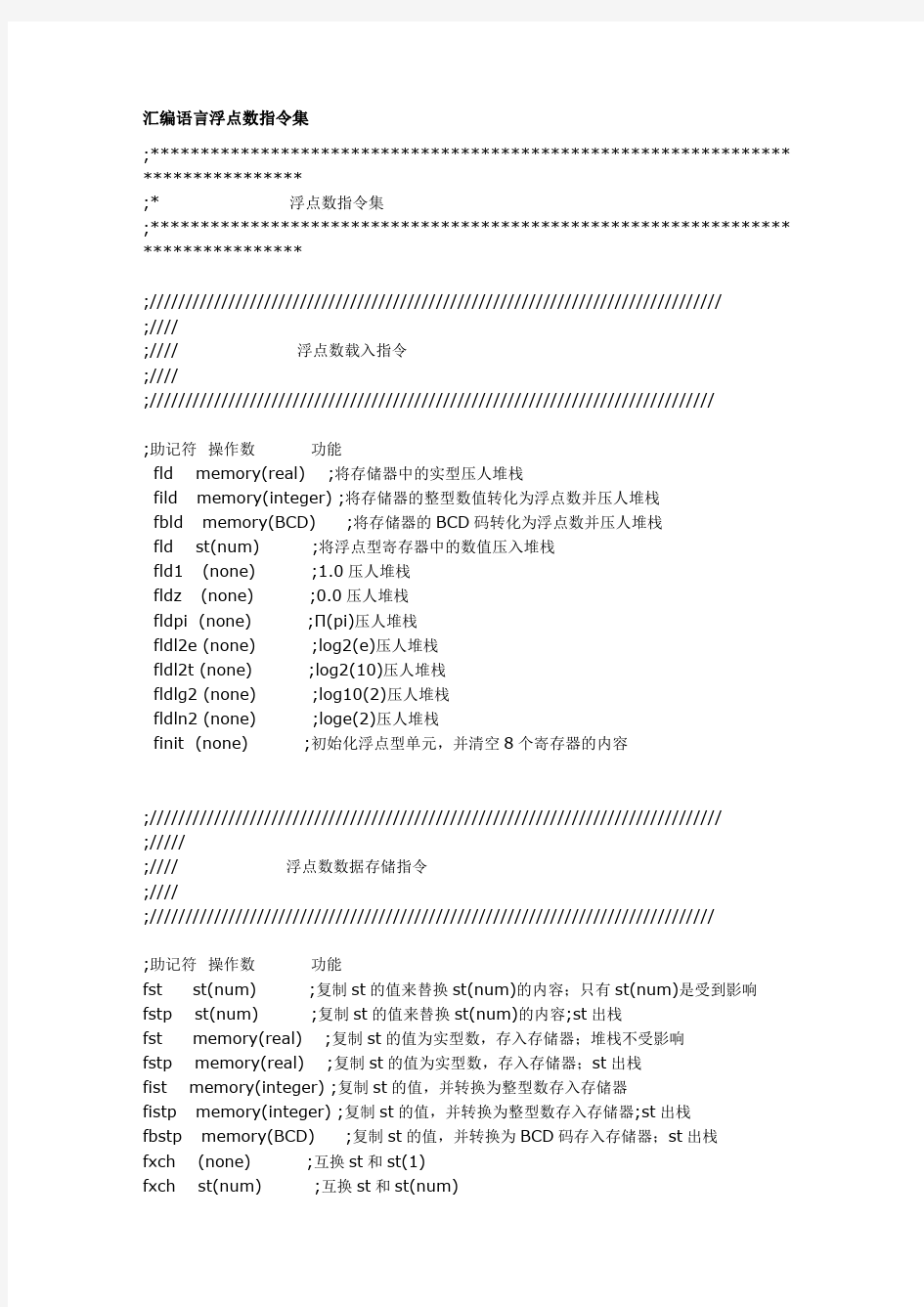 汇编语言浮点数指令集