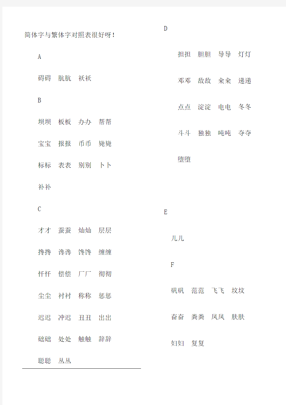 简体字与繁体字对照表格模板大全