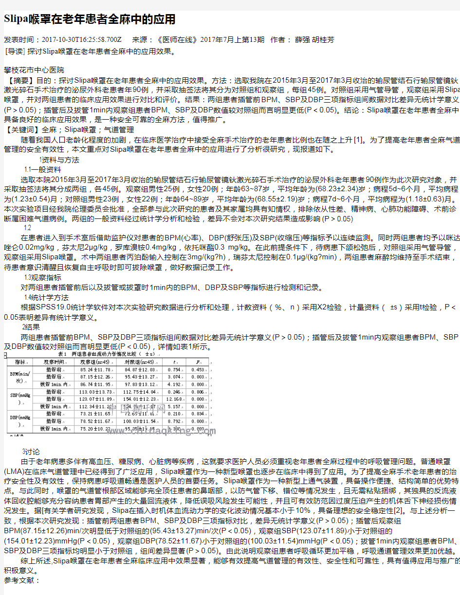 Slipa喉罩在老年患者全麻中的应用