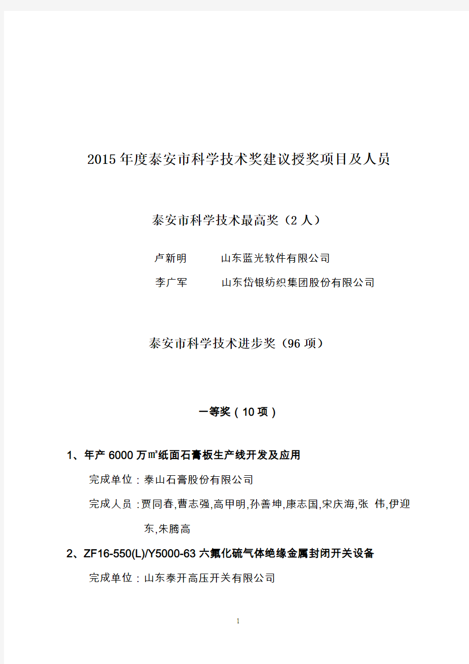 2015泰安科学技术奖建议授奖项目及人员