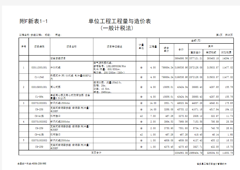 空调工程工程量清单与计价表(含定额)营改增