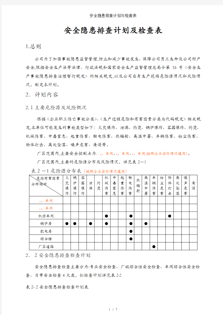 安全隐患排查计划与检查表