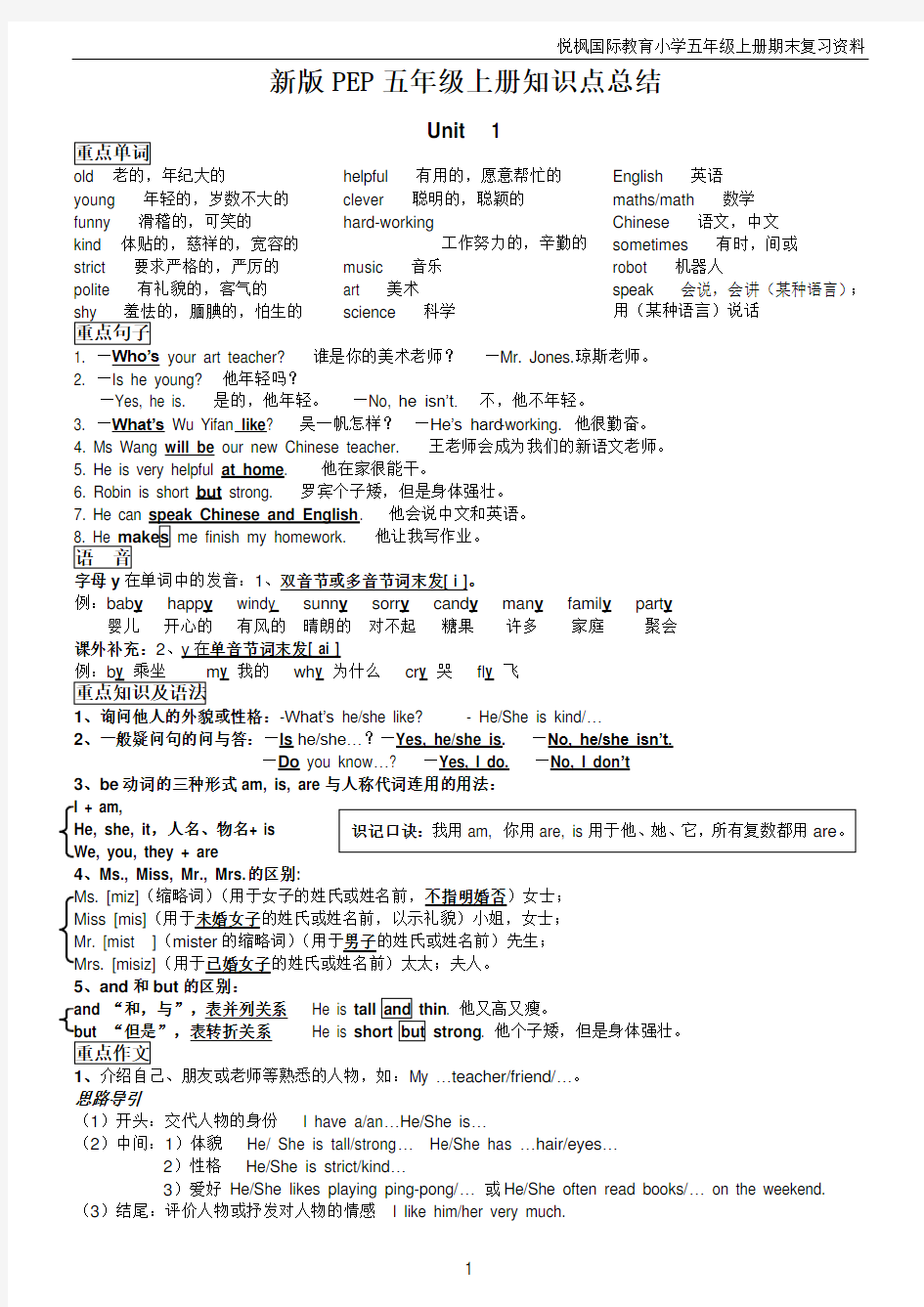 (完整版)小学五年级人教版英语上册知识点总结