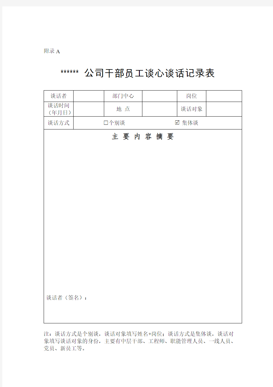 完整word版,公司干部员工谈心谈话记录表