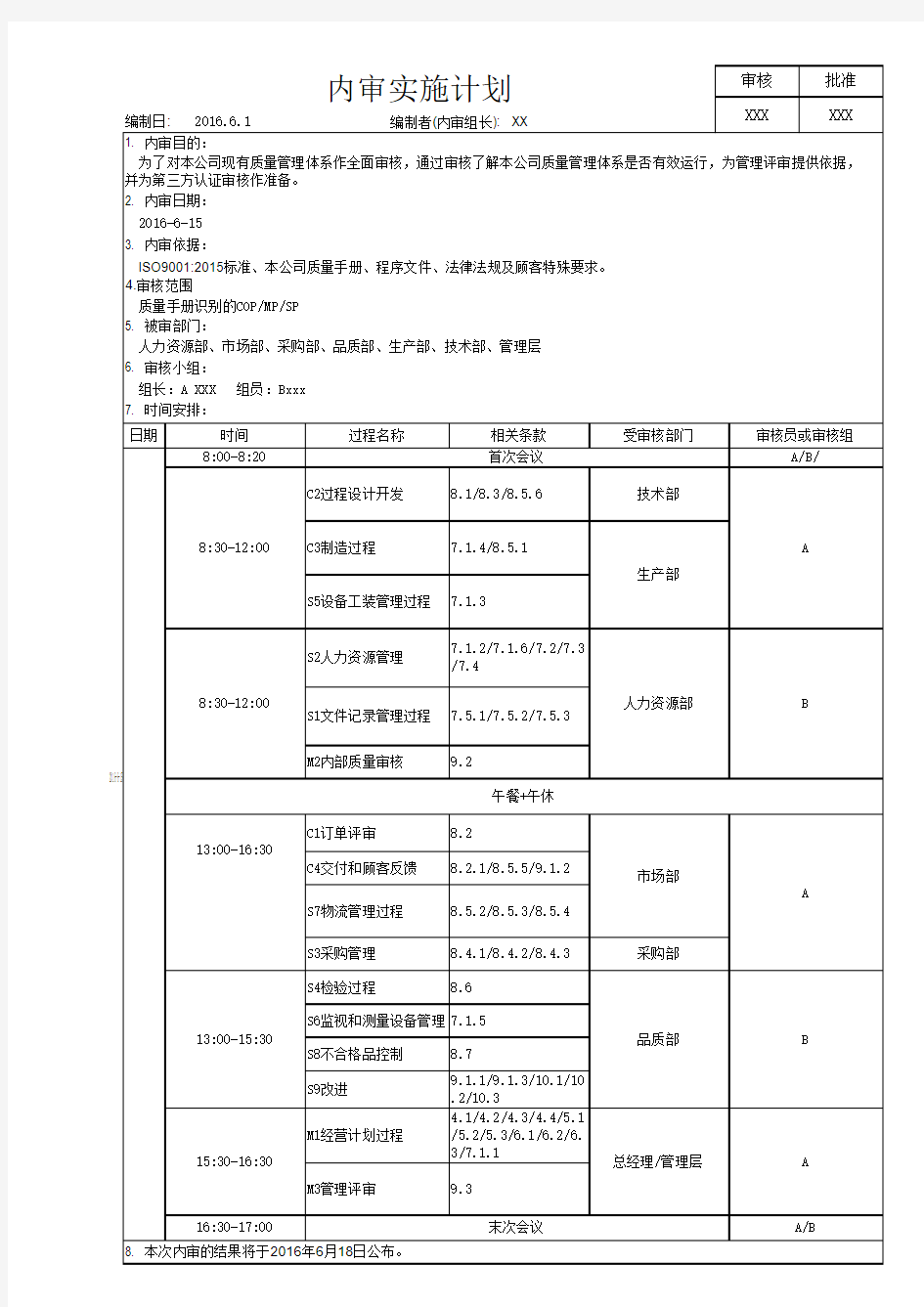 ISO9001-2015内部审核计划(过程方法)