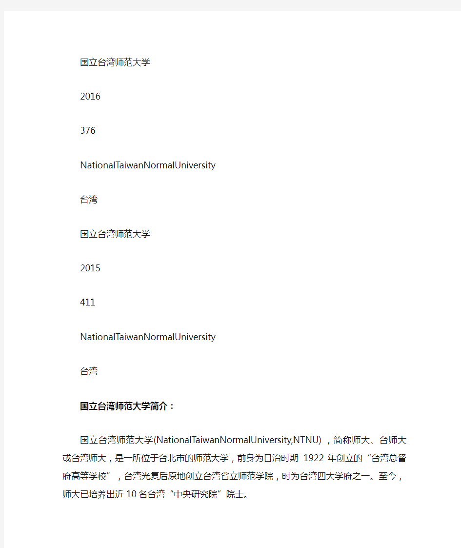 国立台湾师范大学世界排名