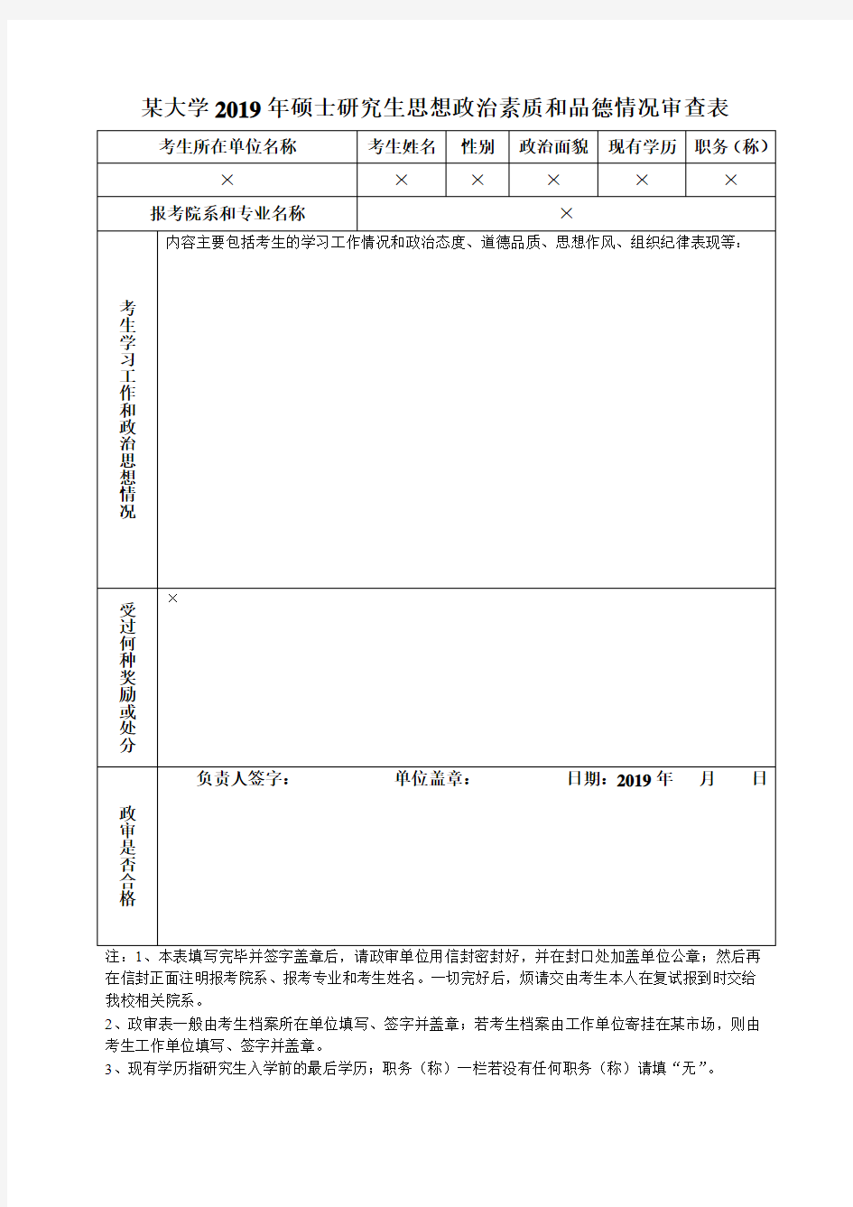 大学2019年硕士研究生思想政治素质和品德情况审查表【表格模板】