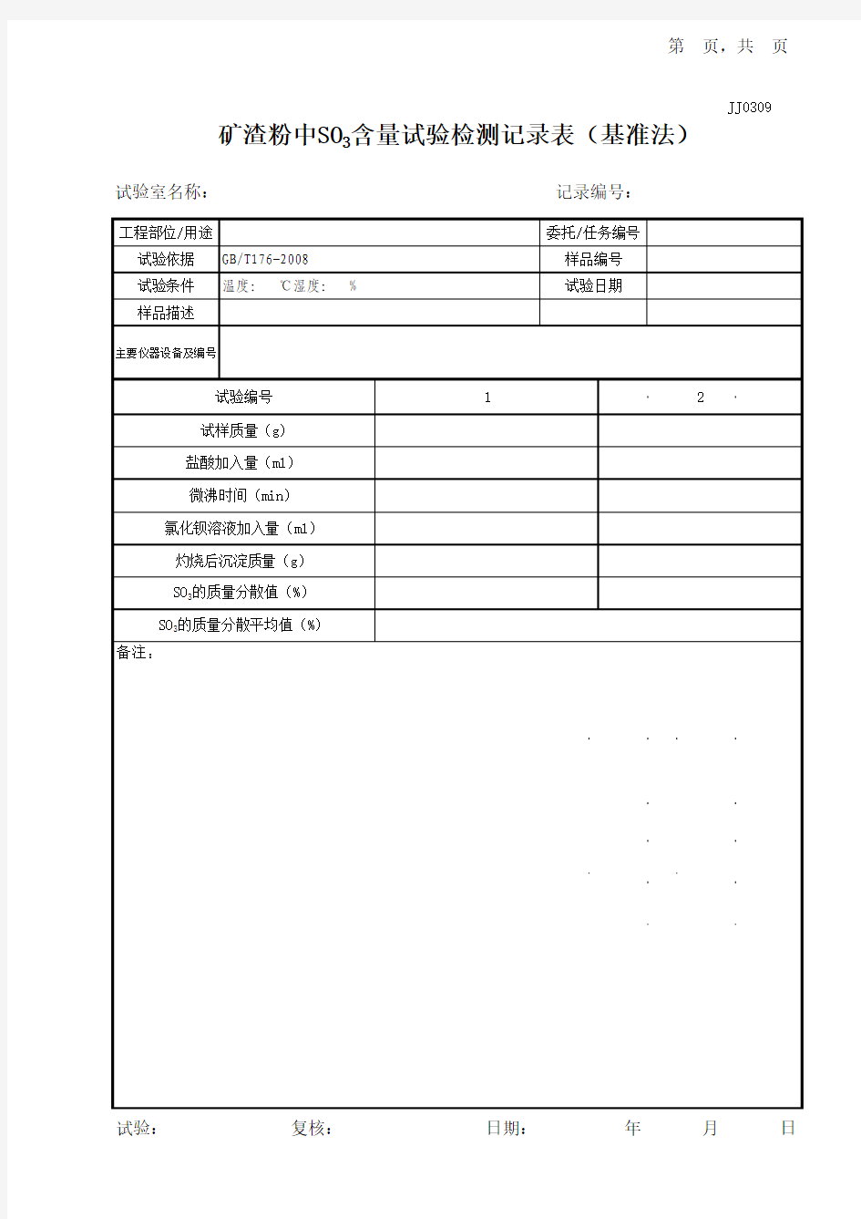 矿渣粉中SO3含量试验检测记录表