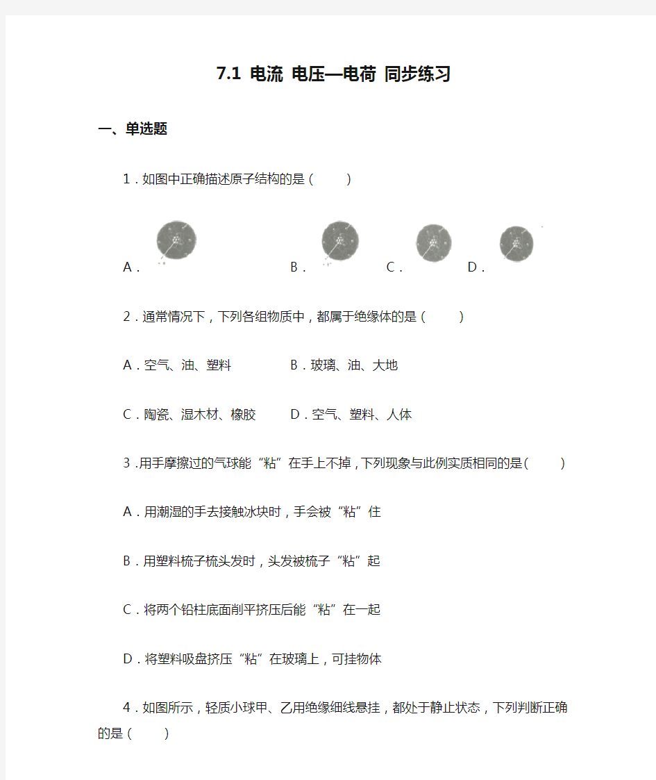 沪教版(上海)九年级上册物理 7.1 电流 电压—电荷 同步练习(含答案)