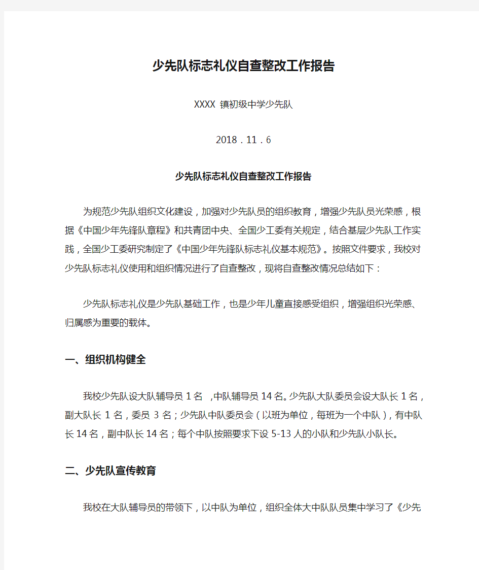 少先队标志礼仪自查整改工作报告