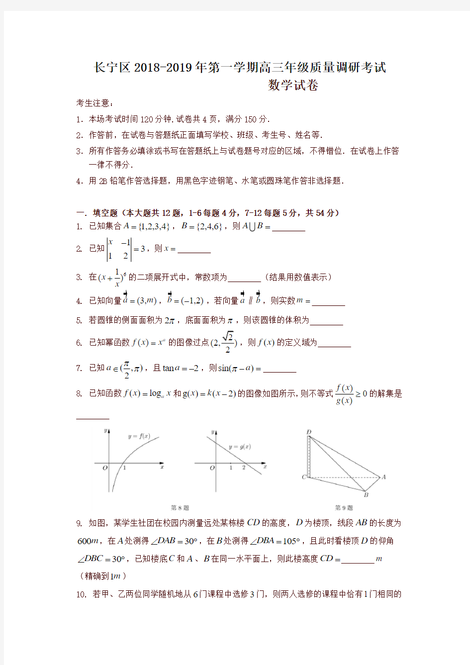 长宁区2019年高三第一学期期末(一模)学科质量检测数学试题及答案