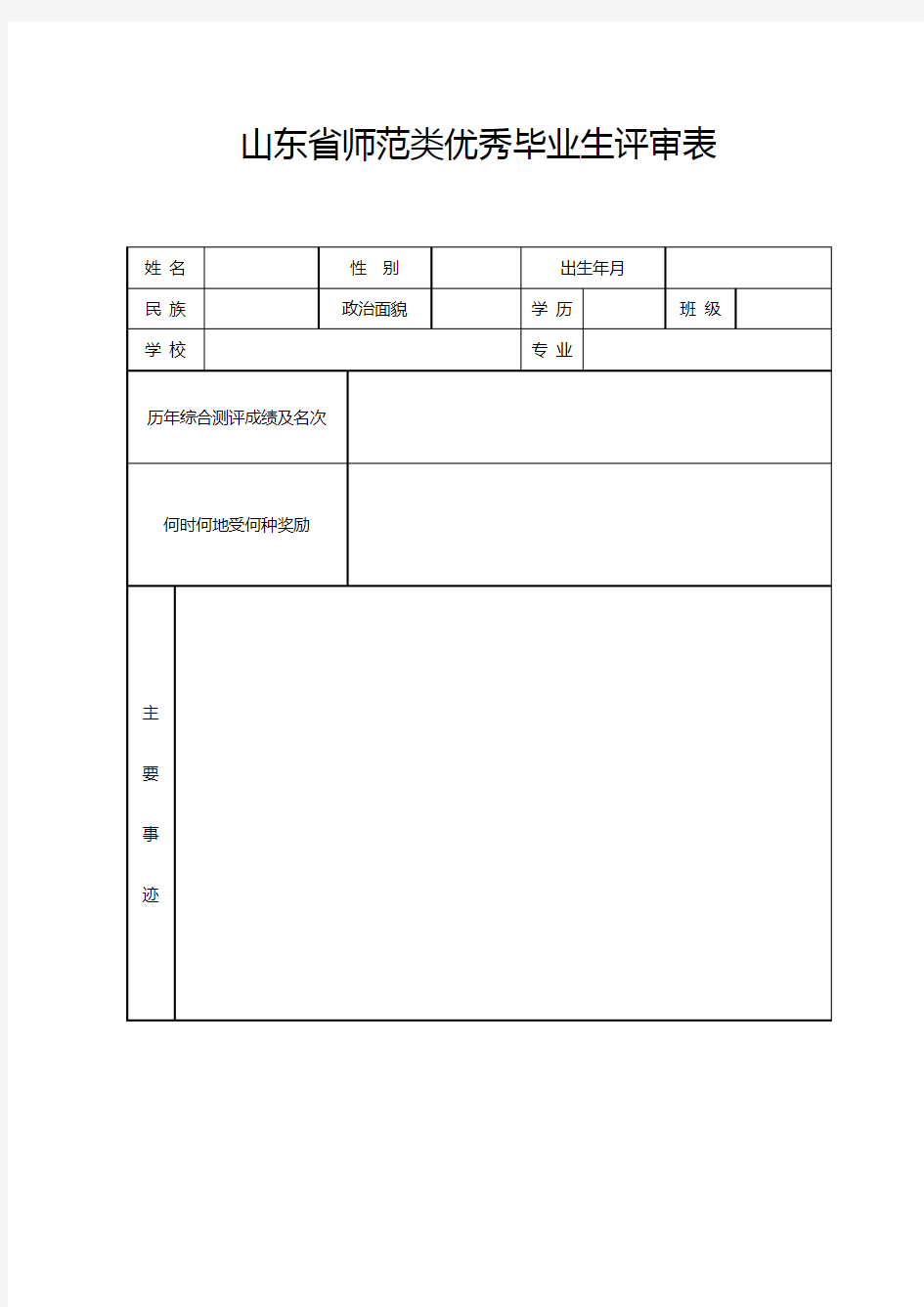 山东省师范类优秀毕业生评审表【模板】