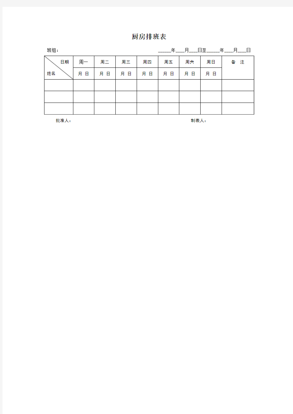 厨房排班表