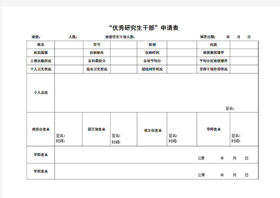 优秀研究生干部申请表