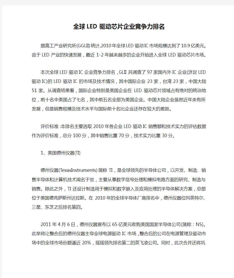 全球LED驱动芯片企业竞争力排名