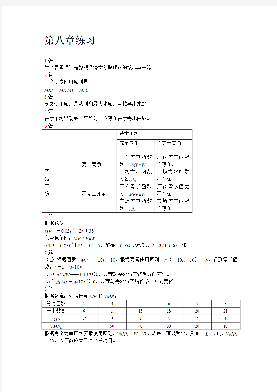 微观经济学第八章答案