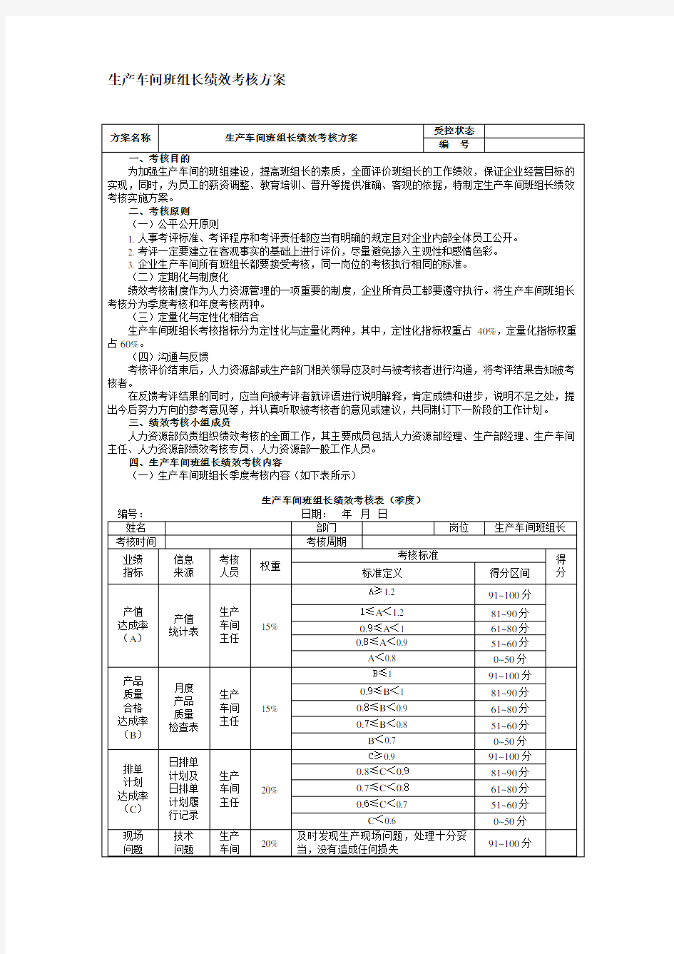 生产车间班组长绩效考核方案