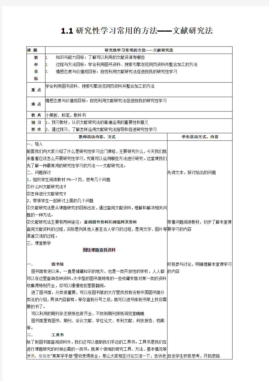 研究性学习常用的方法——文献研究法