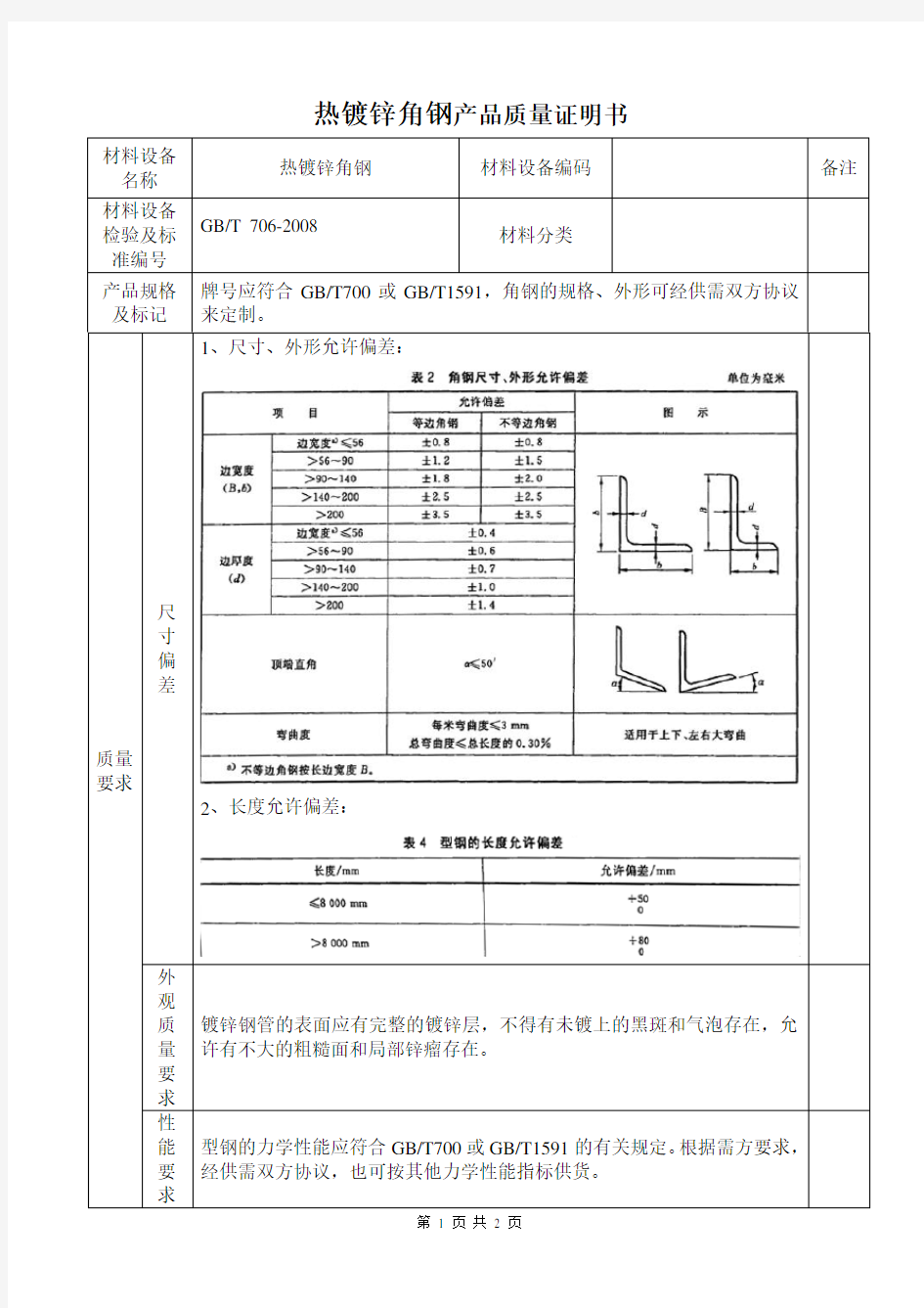 热镀锌角钢产品质量证明书检测报告