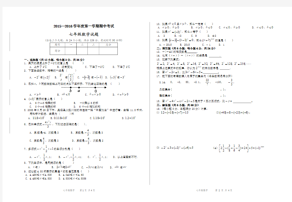 2015-2016(1)期中考试 七年级 数学 试卷及答案