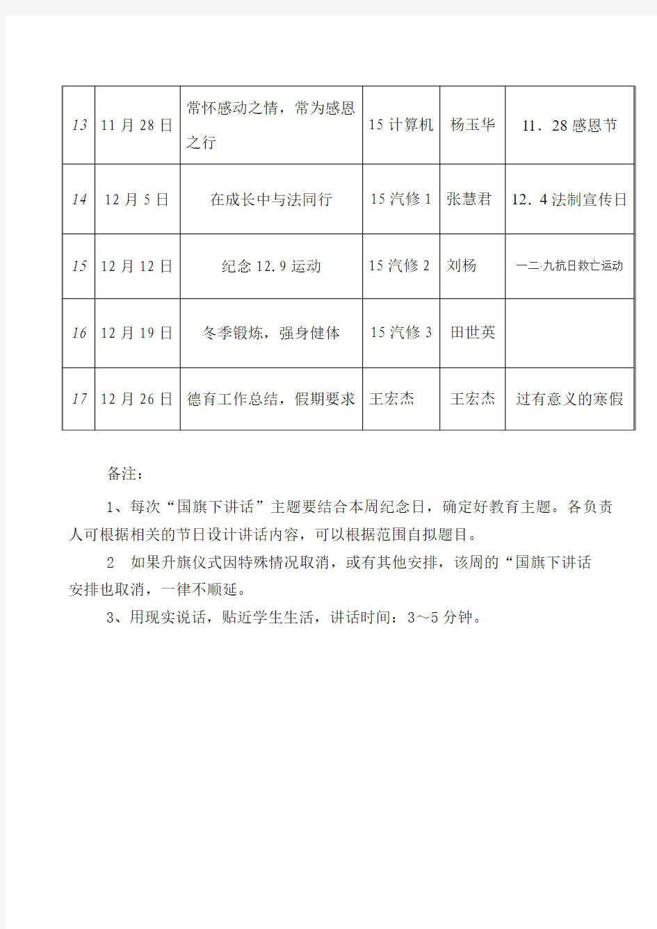 2016年秋国旗下讲话安排