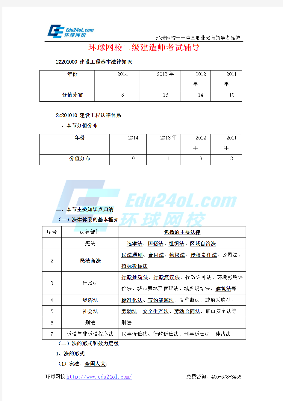 二级建造师考试工程法规-2Z201010 建设工程法律体系-环球网校