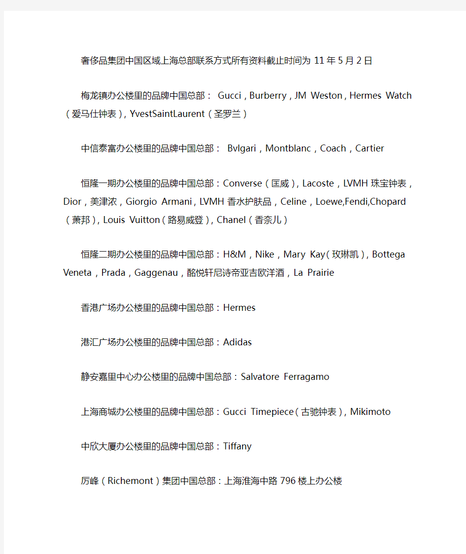 全球奢侈品集团中国区域上海总部联系方式所有资料